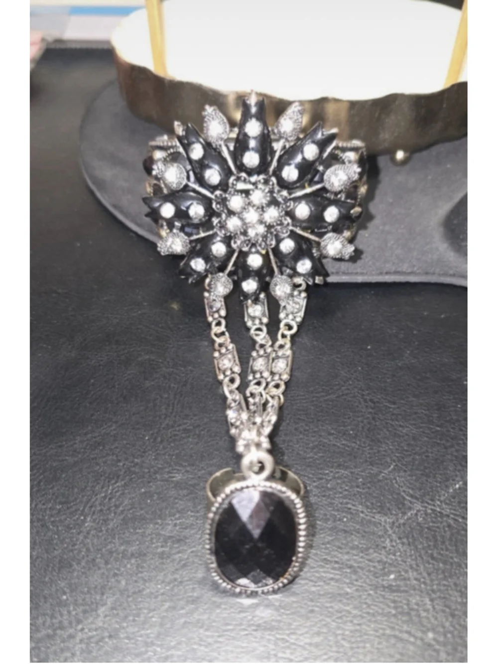 Black Rhinestone Gothic ArtDeco Boho Hand Chain Finger Slave Ring Bracelet Gypsy